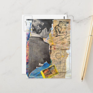 Carte Postale Hommes rétro travaillant Collage en techniques mix