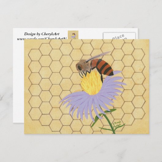 Carte Postale Honey bee on flower honeycomb background postcards (Devant / Derrière)