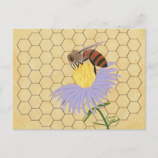 Carte Postale Honey bee on flower honeycomb background postcards (Devant)