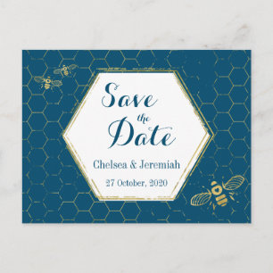 Carte Postale Honey Bee Turquoise Gold Motif Enregistrer la date