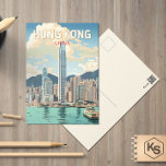 Carte Postale Hong Kong China Travel Art Vintage<br><div class="desc">Modèle de déplacement vectoriel rétro de Hong Kong. A Blend of East and West : Hong Kong se targue d'un mélange captivant d'influences chinoises et occidentales.</div>