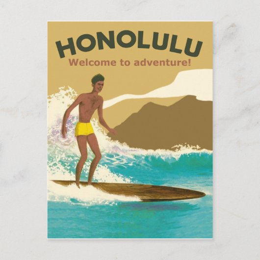 Carte Postale Honolulu, surfant sur les vagues de l'océan (Devant)