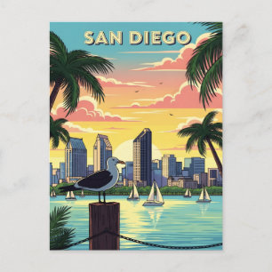 Carte Postale horizon de San Diego, Californie avec une mouette
