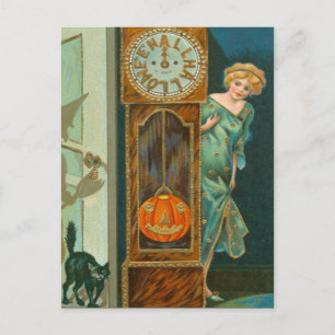 Carte Postale Horloge de grand-père Chat noir Sorcière Citrouill