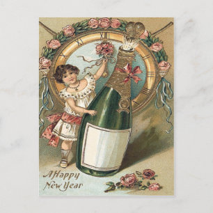Carte Postale Horloge Rose de bouteille de champagne fille