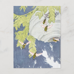 Carte Postale Hornets à visage chauve et leur nid en papier