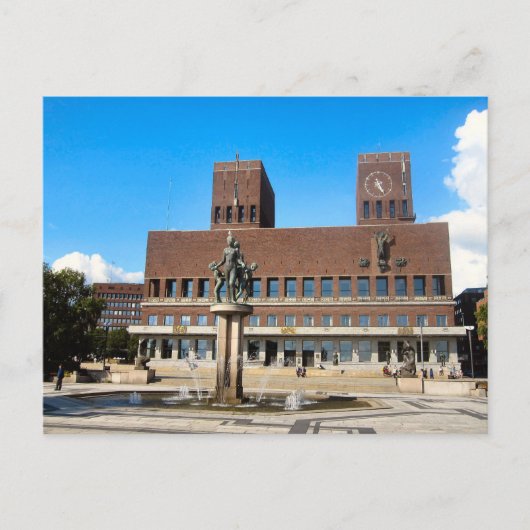Carte Postale Hôtel de ville d'Oslo, statue, fontaine (Devant)