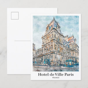 Carte Postale Hôtel de Ville Paris Aquarelle Voyage Main tirée