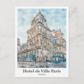 Carte Postale Hôtel de Ville Paris Aquarelle Voyage Main tirée (Devant)