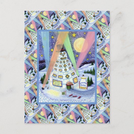 CARTE POSTALE HÔTEL FUNNY SNOWMAN, LUMIÈRES DU NORD ET PENGUINS (Devant)