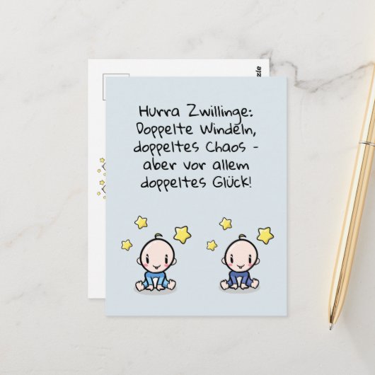 Carte Postale Hourra jumeaux, félicitations, deux garçons, (Devant/Arrière en situation)