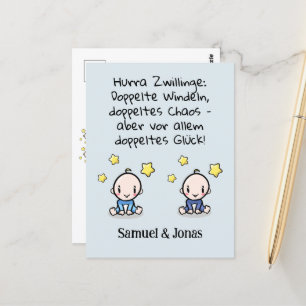 Carte Postale Hourra jumeaux, félicitations naissance, avec des 