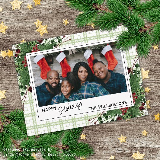 Carte Postale Houx vert classeux Baies rouges Feuillage botaniqu