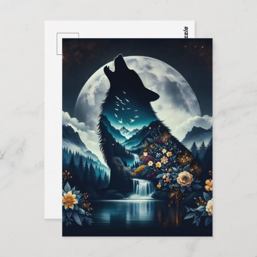 Carte Postale Howling Wolf | Pleine lune Ai Art (Devant / Derrière)