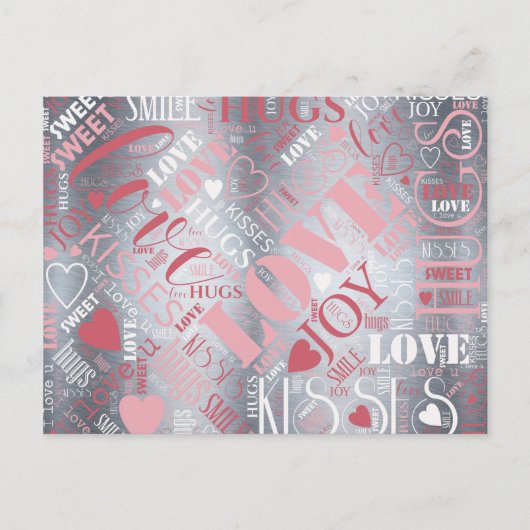 Carte Postale Hugs and Kisses Word Cloud Pink/Silver ID286 (Devant)