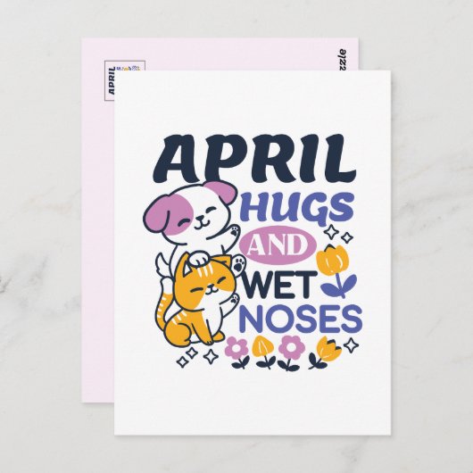 Carte Postale Hugs d'avril et nez mouillé - Cute chien et chat a (Devant / Derrière)