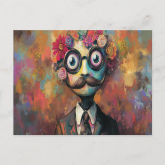 Carte Postale Humanoïde Whimsical avec grands yeux et cheveux fl