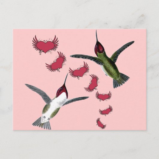Carte Postale Humming Birds Grunge Hearts with Wings (Devant)