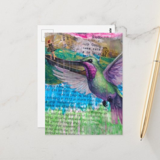 Carte Postale Hummingbird and Boat Abstract Mixed Media Collage (Devant/Arrière en situation)