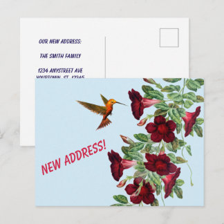 Carte Postale Hummingbird and Red Flowers New Address