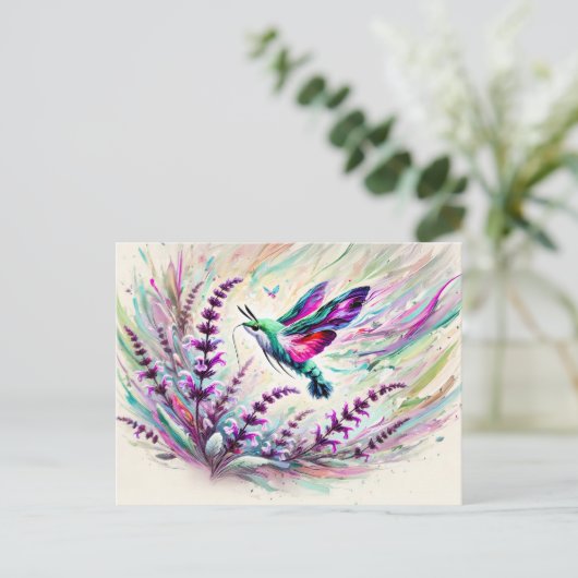 Carte Postale Hummingbird Hawk-Moth avec Sage dans peinture à l' (Debout devant)