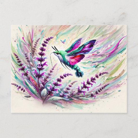 Carte Postale Hummingbird Hawk-Moth avec Sage dans peinture à l' (Devant)