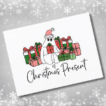 Carte Postale Humour unique mignon drôle Noël<br><div class="desc">Explorez cette délicieuse impression "Fantôme du présent de Noël", qui rend habilement hommage à un classique de cinéma bien-aimé. Ce design charmant présente un mignon fantôme de Noël portant un chapeau de Noël rose et festif et entouré d'une abondance de beaux cadeaux de Noël emballés. La palette de couleurs comprend...</div>