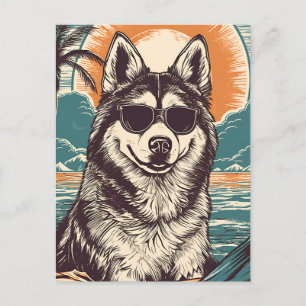 Carte Postale Husky avec lunettes de soleil à la plage