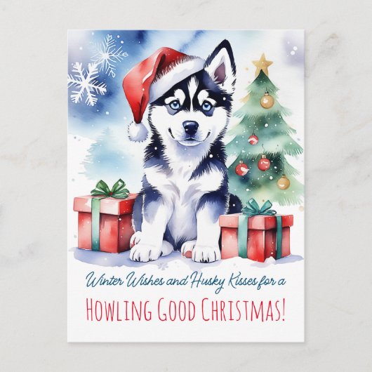 Carte Postale Husky chiot Noël salutations chien gens (Devant)