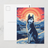 Carte Postale Husky dans la forêt d'hiver au coucher du soleil (Devant / Derrière)