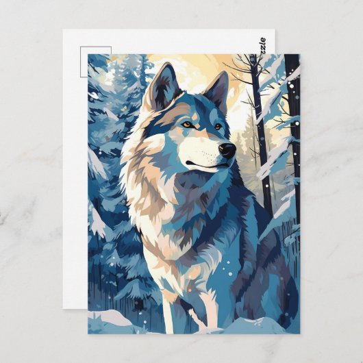 Carte Postale Husky dans une forêt enneigée en hiver (Devant / Derrière)
