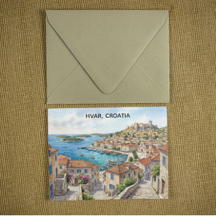 Carte Postale Hvar Croatie Vue panoramique à l'aquarelle Voyage