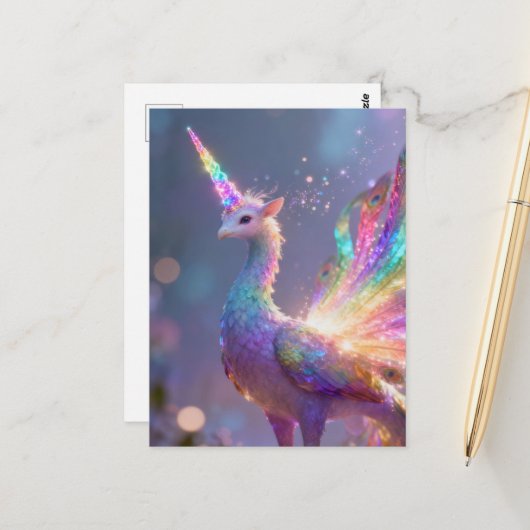 Carte Postale hybride licorne paon (Devant/Arrière en situation)