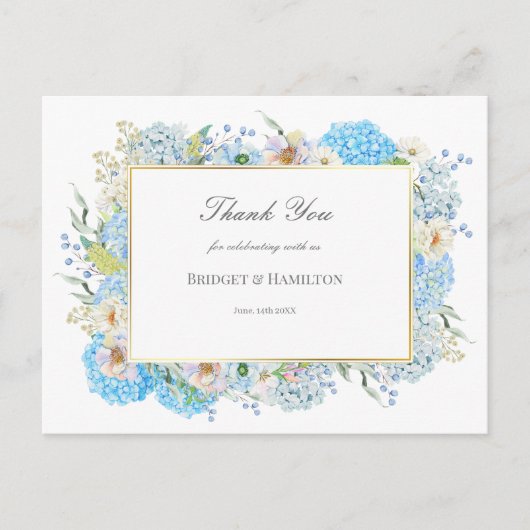 Carte Postale Hydrangea Bleu Élégant Mariage Merci (Devant)