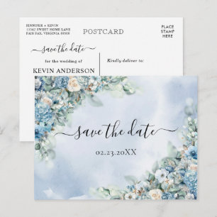 Carte Postale Hydrangea Bleu Poussiéreux Roses Blanches Save the