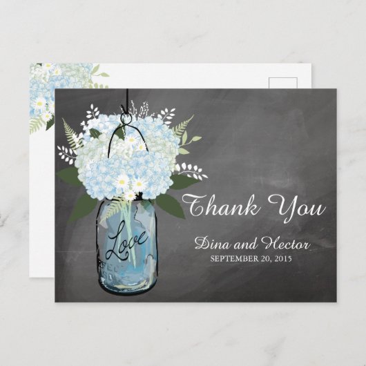 Carte Postale Hydrangea Blue Mason Jar Chalkboard | MERCI (Devant / Derrière)