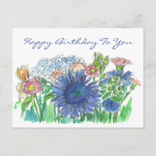 Carte Postale Hydrangea Daisy Aquarelle Fleurs Joyeux anniversai
