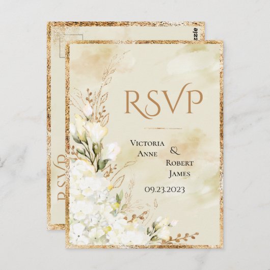 Carte Postale Hydrangea Elegant Blanc Or Floral Mariage RSVP (Devant / Derrière)