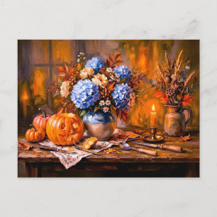 Carte Postale Hydrangeas Citrouille Sculptée à la Lumière des Bo