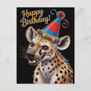 Carte Postale hyène tachetée portant un chapeau d'anniversaire