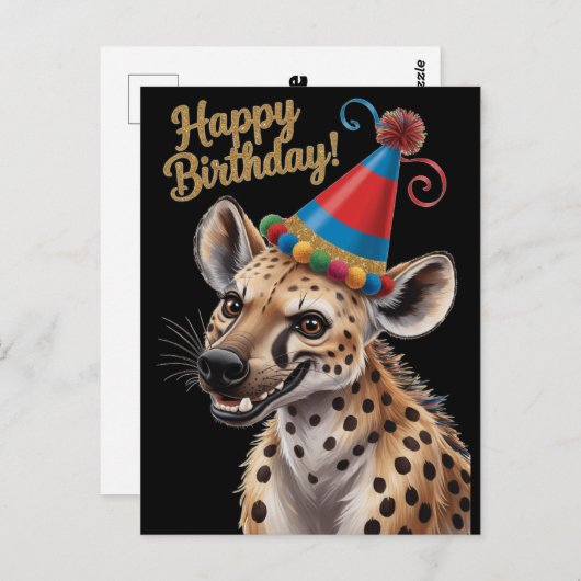 Carte Postale hyène tachetée portant un chapeau d'anniversaire (Devant / Derrière)