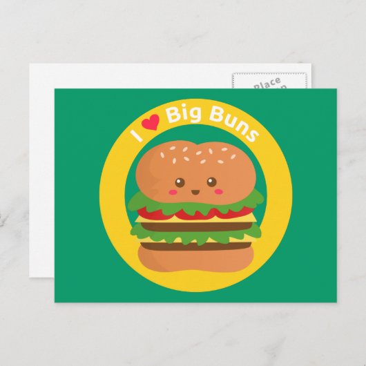 Carte Postale I Love Big Buns, Kawaii Big Burger (Devant / Derrière)