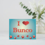 Carte Postale I Love Bunco en rouge avec des dés rouges (Debout devant)