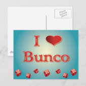Carte Postale I Love Bunco en rouge avec des dés rouges (Devant / Derrière)