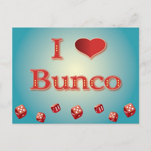 Carte Postale I Love Bunco en rouge avec des dés rouges (Devant)