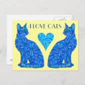 Carte postale I Love Cats Blue Abstrait assis (Devant / Derrière)