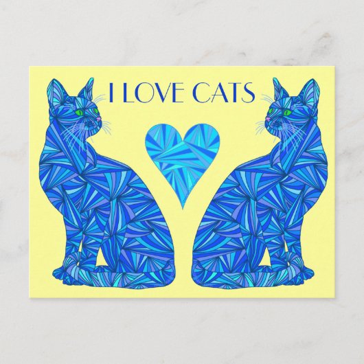 Carte postale I Love Cats Blue Abstrait assis (Devant)