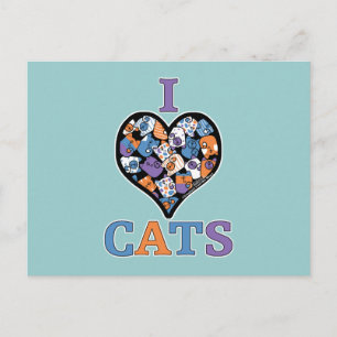 Carte Postale I Love Cats - Coeur de collage