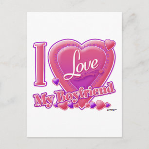 Carte Postale I Love My Boyfriend rose/violet - coeurs