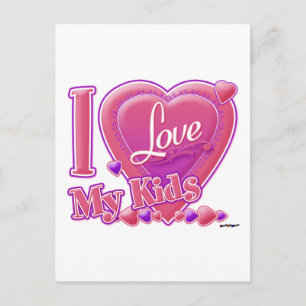 Carte Postale I Love My Kids rose/violet - coeur